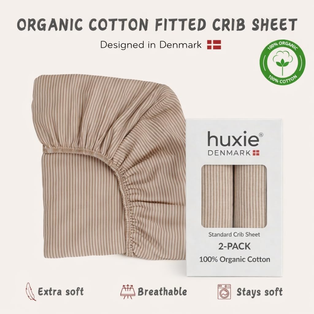 Crib Sheets – Organic Cotton Muslin Fitted Crib Sheet – Standard Size for Baby Boy and Baby Girl 28" x 52" Ultra-Soft and Breathable. 2-Pack(Natural Stripe)
