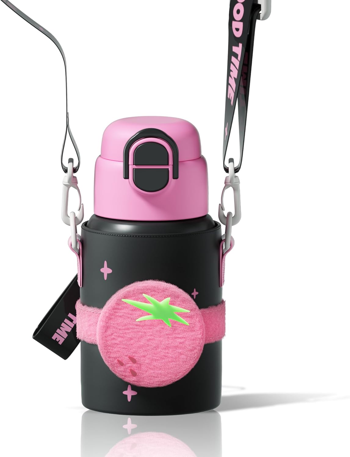 SDGA+ Kids Insulated Water Bottle with Shoulder Strap - 22 oz Kawaii Stainless Steel Tumbler with 3D Fuzzy Charm, Leak-Proof Flip Top & Vacuum Flask for School, Travel, BPA Free, Pink