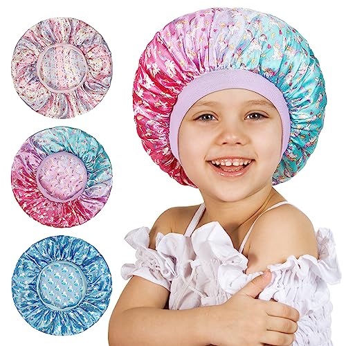 3 Pcs Bonnet for Kids Kids Bonnets for Girls Satin Silk Hair Bonnet for Sleeping Soft Wide Band Sleep Cap for Curly Hair Braids for Teens Child Toddler