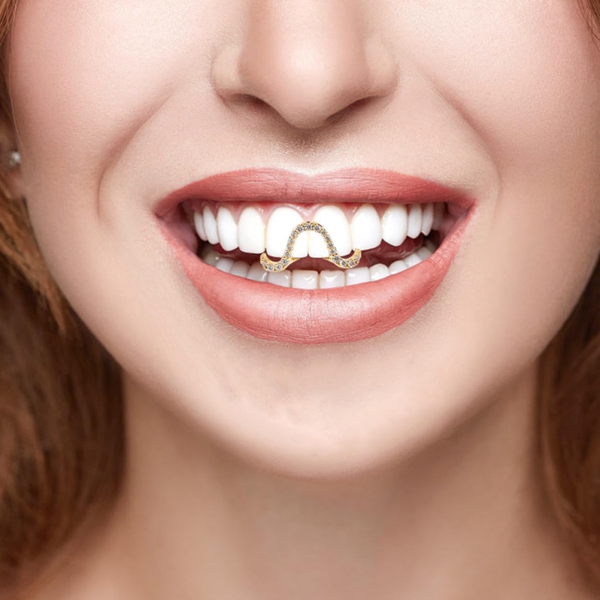 Golden Fake Grills Halloween 2pcs for Women, Waveshaped Copper Rhinestone image 5
