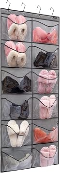 Extra Large Pocket Shoe Organizer - Hanging Shoe Rack with 12 Clear Pockets 12 Large Pockets-Grey