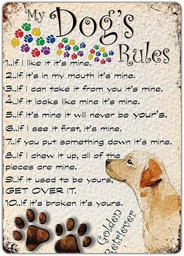 Golden Retriever My Dog'S Rules Retro Wall Poster Art Decor Metal Tin Sign Garage Bar Courtyard Decor 8X12Inch