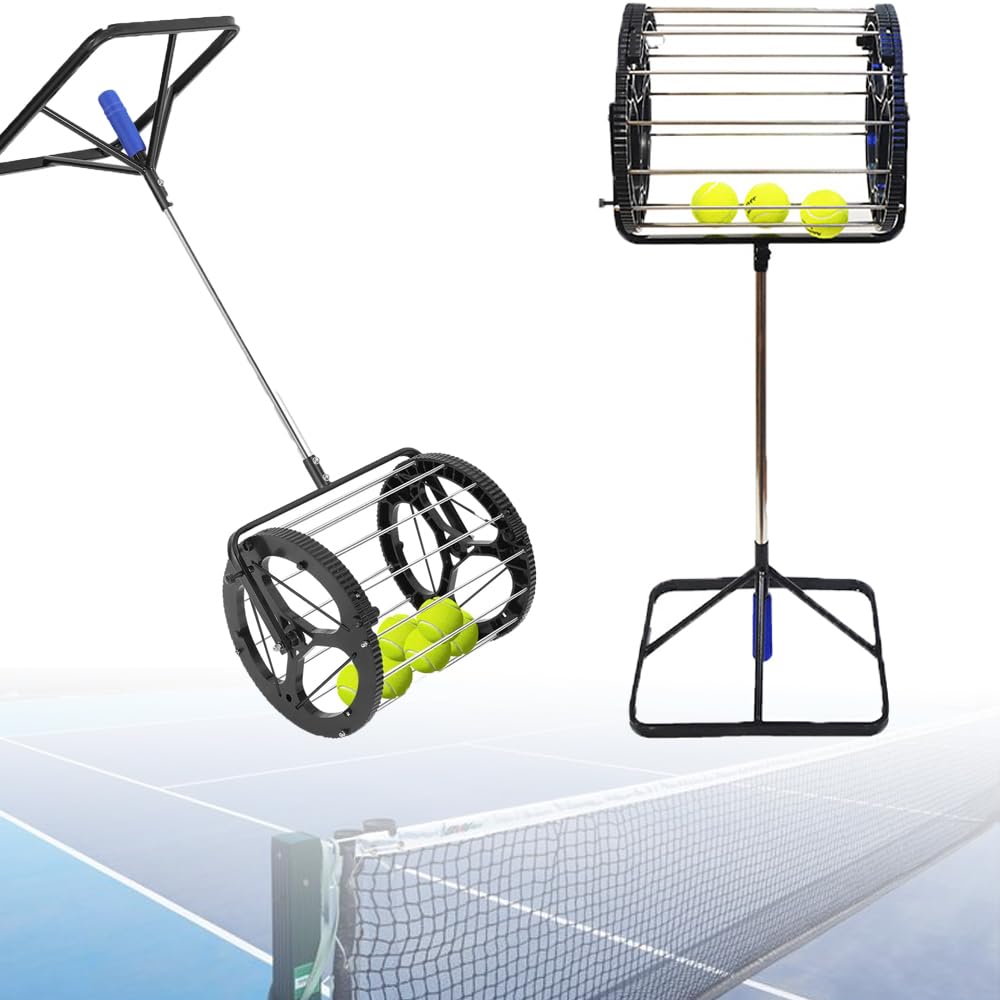 Recogedor automático de pelotas de tenis 2 en 1, capacidad 80 pelotas, mango y rodillo para entrenamiento