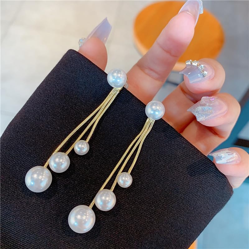 Long Pearl Drop Tassel Earrings for Women Dangling Gold Plated Chain and Big Pearls Dangle Dangly Hanging Wedding Bridal Earring Fashion Prom Jewelry - Image 4