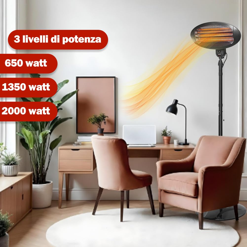 BAKAJI Stufa da Esterno al Quarzo Infrarossi per Patio Gazebo Fissaggio a Parete o Piantana da Terra Altezza 210 cm Regolabile Fungo da Esterno Termostato regolabile Potenza Massima 2000W