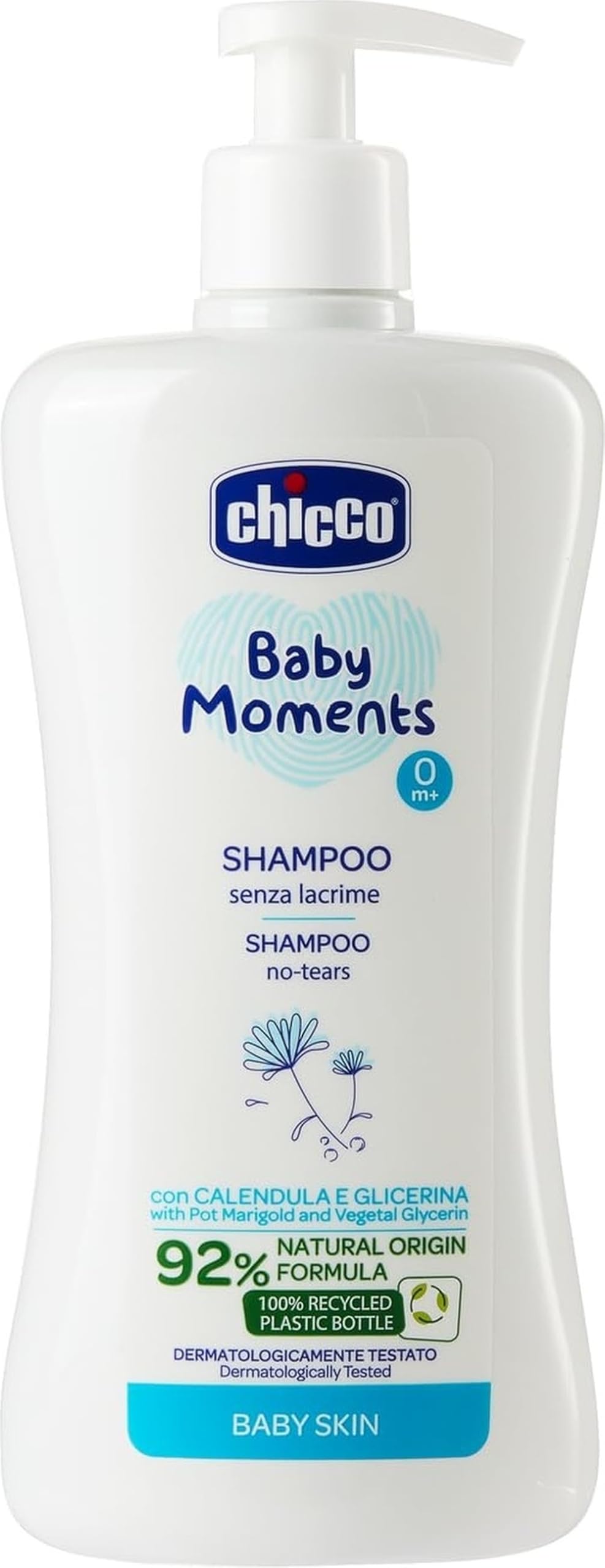 Chicco Baby Moments Shampoo, 92% Natural Origin Ingredients, Dermatologically and Ophthalmologically tested, Suitable for Sensitive Skin, 100% Recycled Plastic Bottle, 500ml, 00010585000000