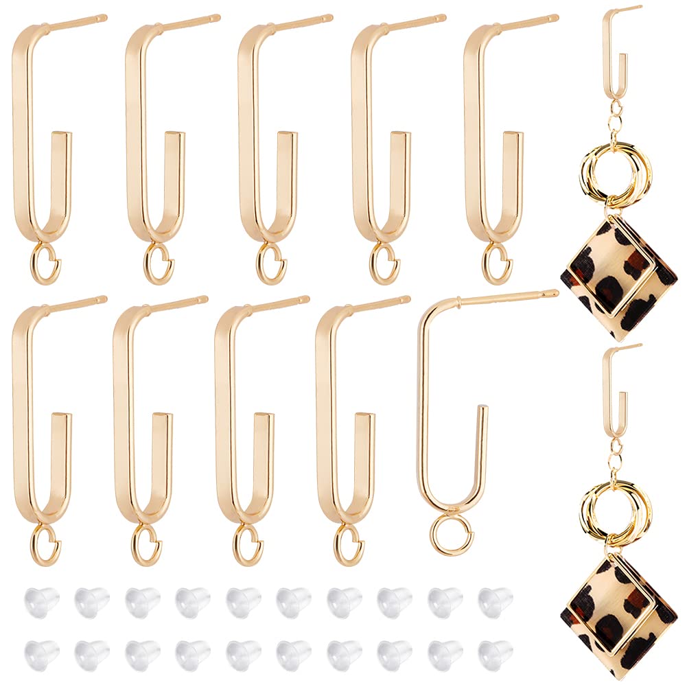 BENECREAT 12Pcs Real 18K Gold Plated Stud Earring Findings, Brass Oval Earring Findings with Vertical Loops and 30Pcs Plastic Ear Nuts for Earring Jewelry Making, 31x2.5mm