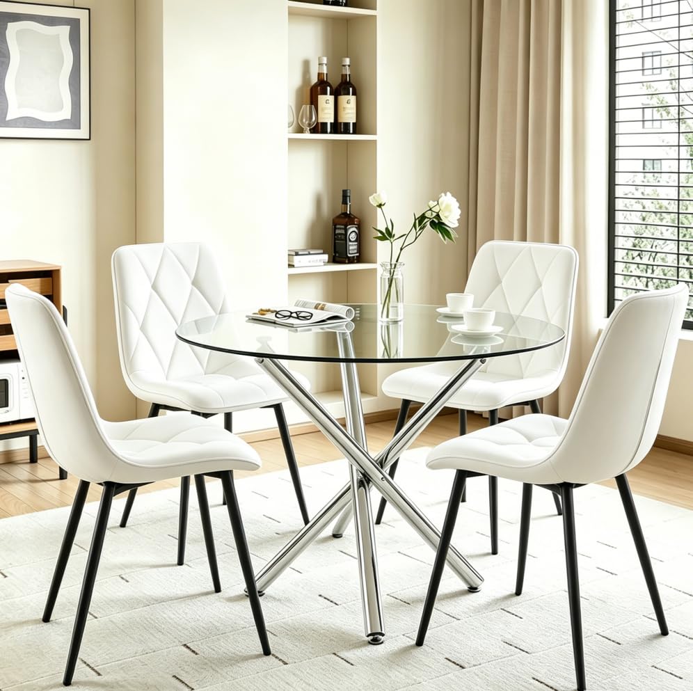 Pantanal 90cm Round Glass Dining Table and White Velvet Chairs Set of 4, Modern 5 Pieces Compact Kitchen Table with 4 Elegant Argyle Grid Chairs for Dinette Restaurant Small Space
