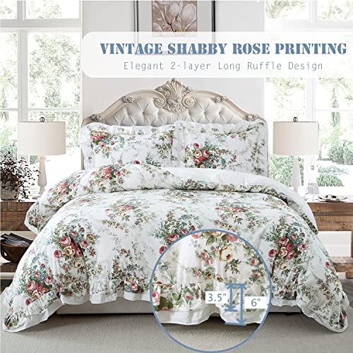 Zjzc Art 100% Cotton Duvet Cover Set, Shabby Rose Printed Ruffled Duvet Cover ，Breathable, Durable, Soft And Comfortable，Easy Care，Bedding Duvet Cover Set(Retro, King) #TOP2