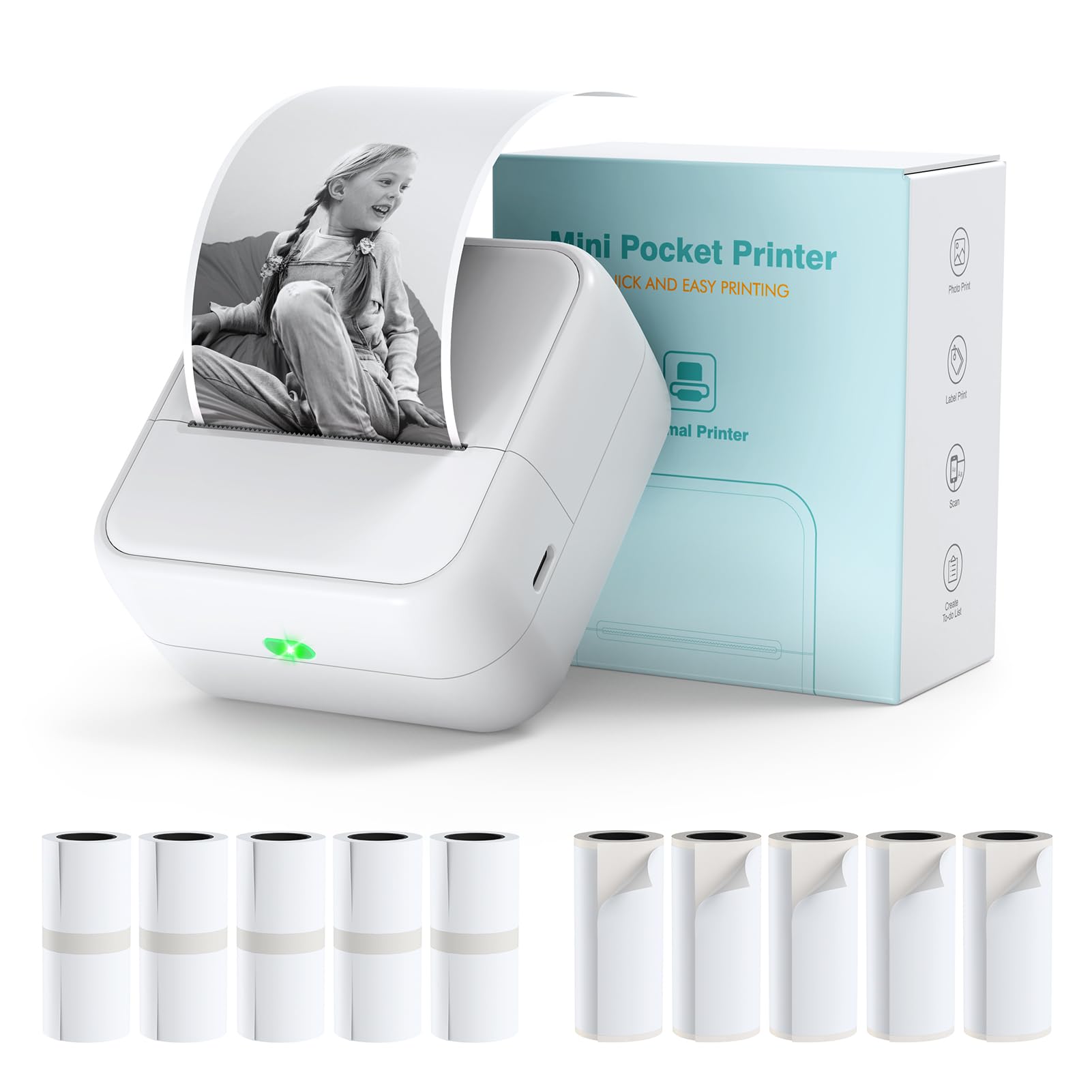 Bisofice Mini Impresora para Movil, Mini Impresora Termica Fotográfica para Smartphone, Bluetooth Impresora Portátil Mini con 11 Rollos de Pape, para Fotos, Diario, Notas, Lista, Blanco