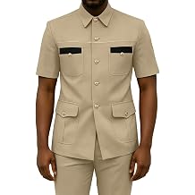 2 Piece Mens Short Sleeves Suits Slim Fit Stand Collar Suit Safari Style for Summer Beach Wedding Outfit Party
