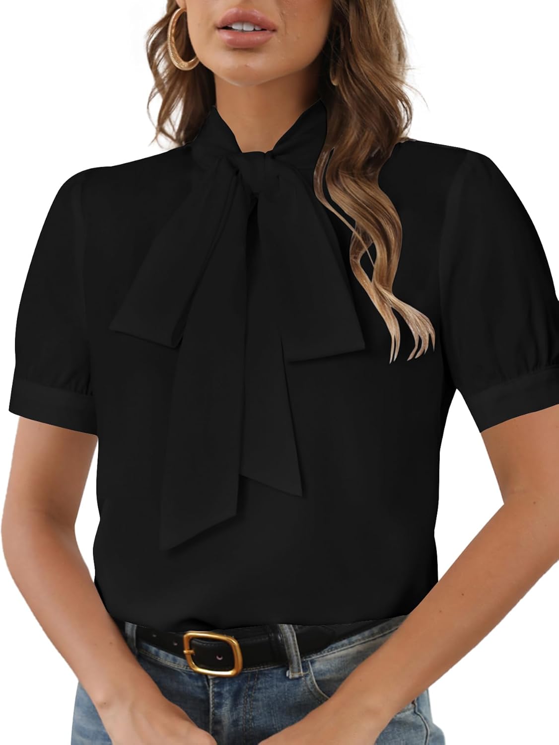Rooscier Women's Bow Tie Neck Short Sleeve Elegant Office Workwear Blouse Shirt Tops - Image 3