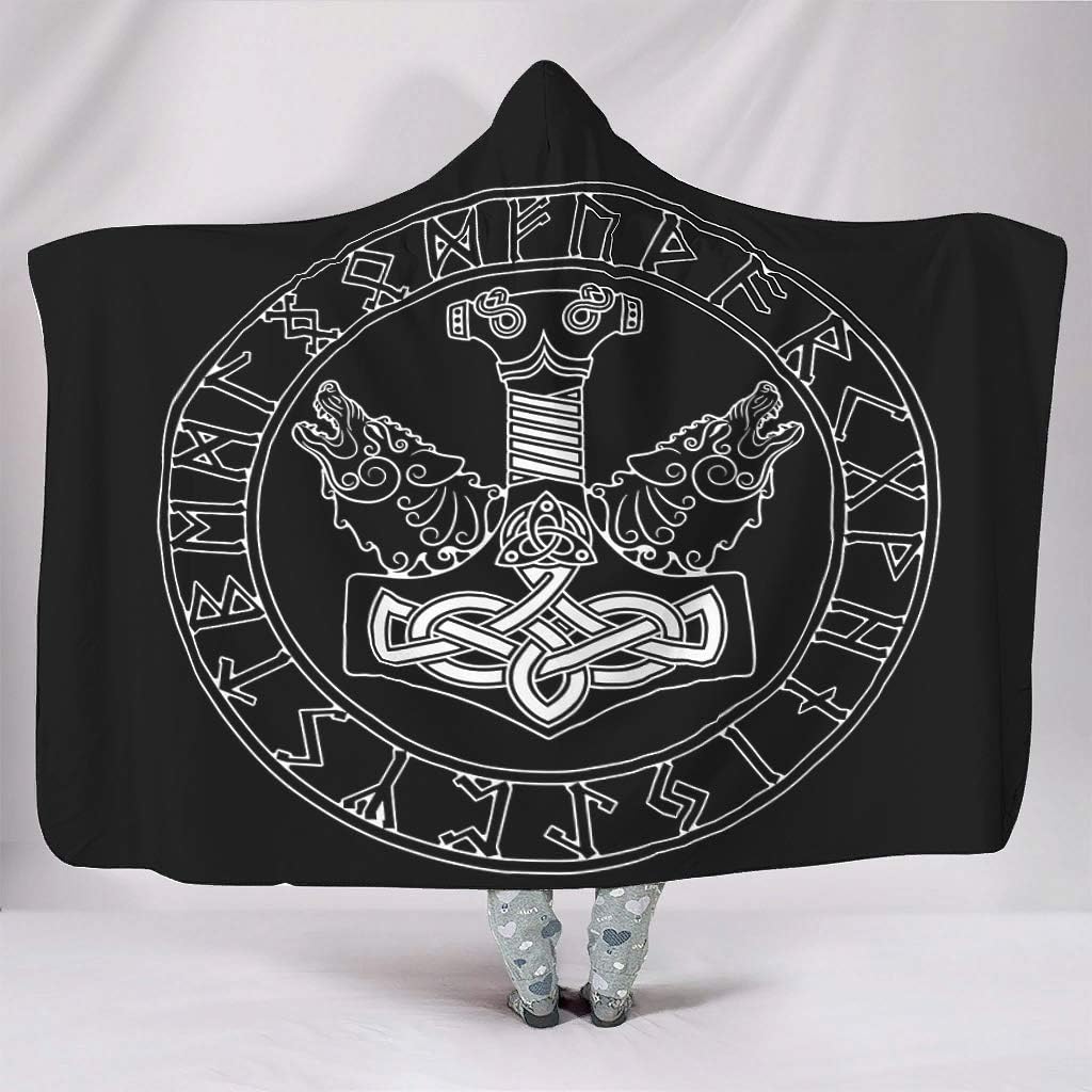 Monochrome Hammer Two Wolf Totem Ethnic Viking Scandinavian Runes Tattoo Keltic Animal Artwork Norse Mythology Print Hooded Blankets Premium Cuddly Warm Winter Plush Sherpa Hoodie white 60x80 inch