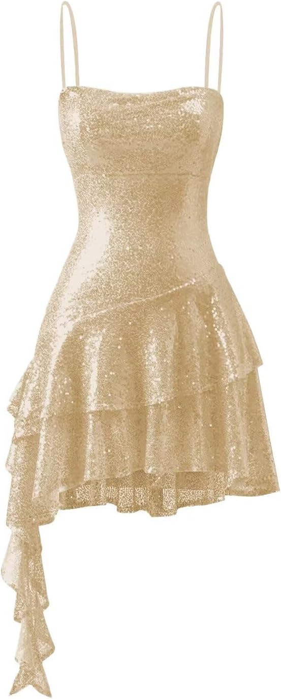 ALFEICE Tiered Sparkly Sequin Homecoming Dresses for Teens 2025 Spaghetti Strap Short Dress Mini Tight Cocktail Party Gowns