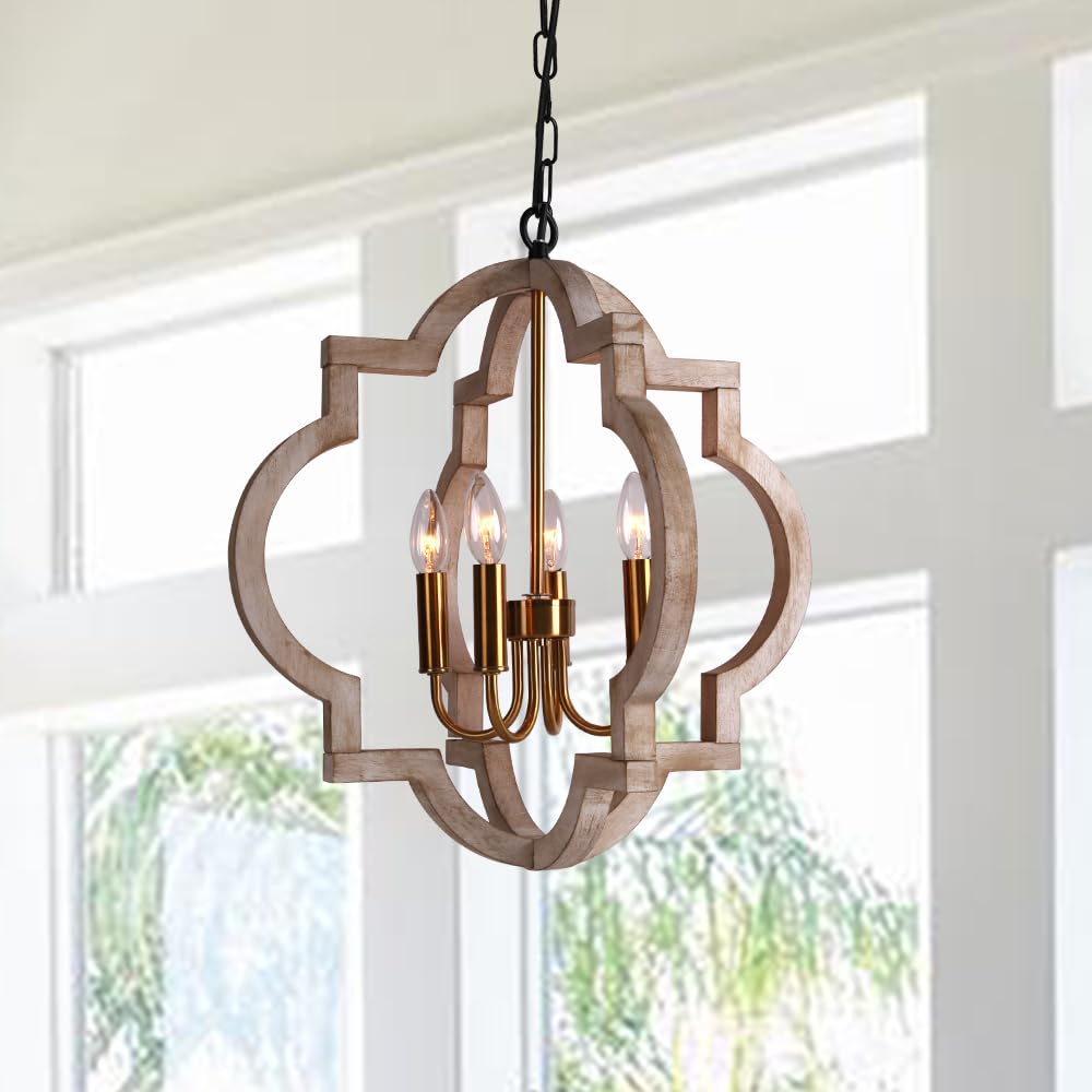 Photo 1 of Sedelan 4-Light Farmhouse Chandelier, Brass Wood Orb
