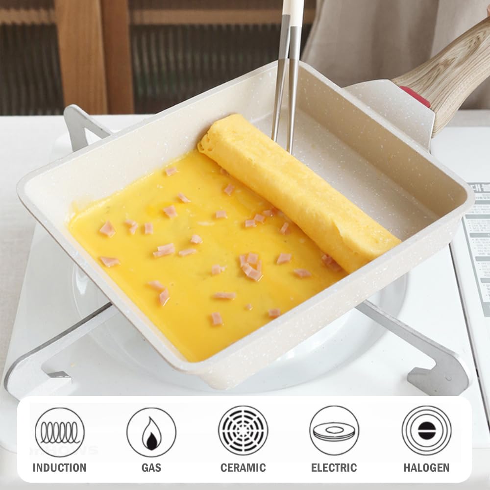 Bobikuke Japanse omeletpan, anti-aanbak Tamagoyaki Pan Rechthoek Ei Koekenpan, Vierkante Pan Omelet Pan met Afneembare Handvat 7,48 * 6,3 * 1,57 inch, Oven & Vaatwasmachinebestendig (wit