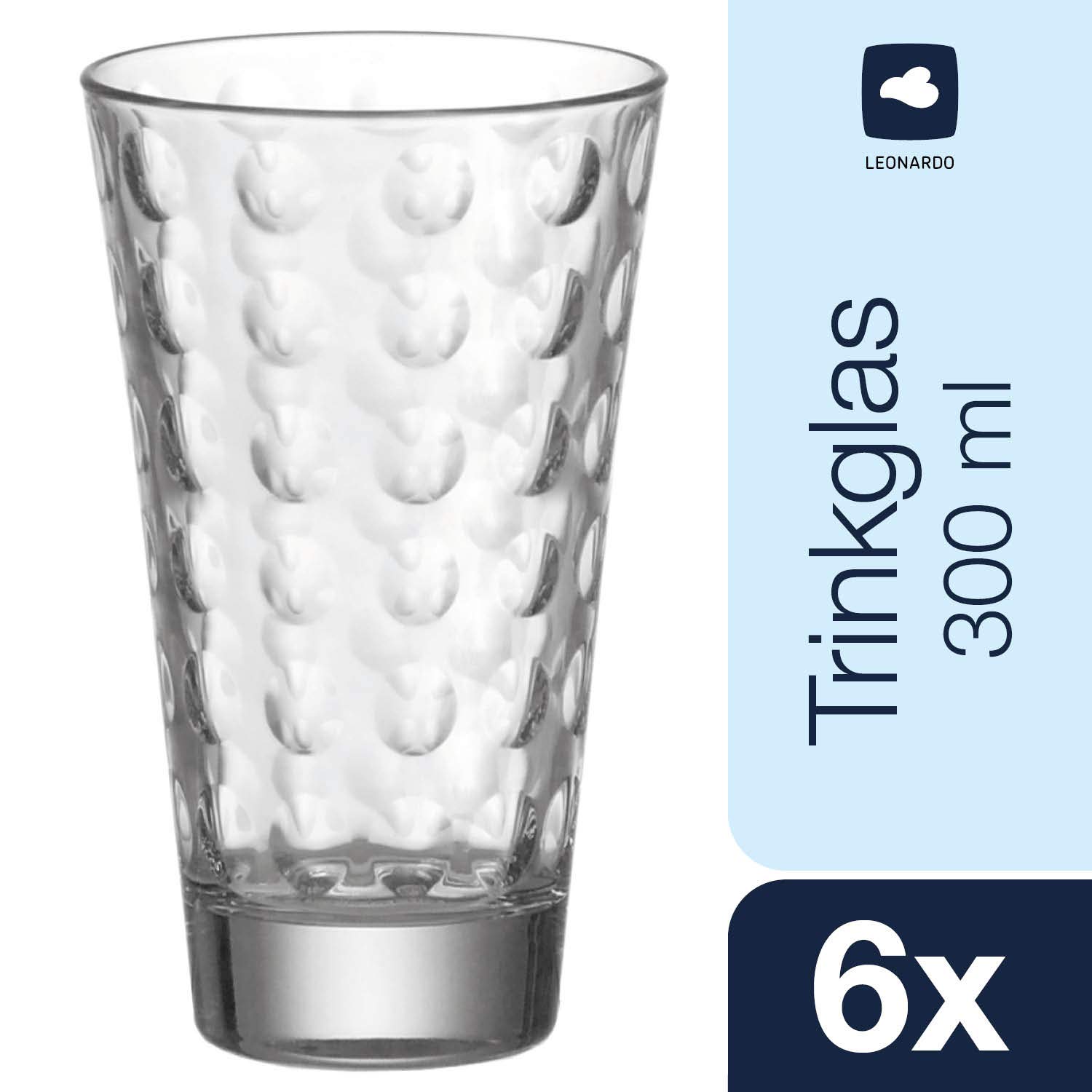 Leonardo Ciao Optic 012684 szklanki na wodę, kubki do picia ze szkła, nadają się do mycia w zmywarce, zestaw 6 sztuk, 300 ml