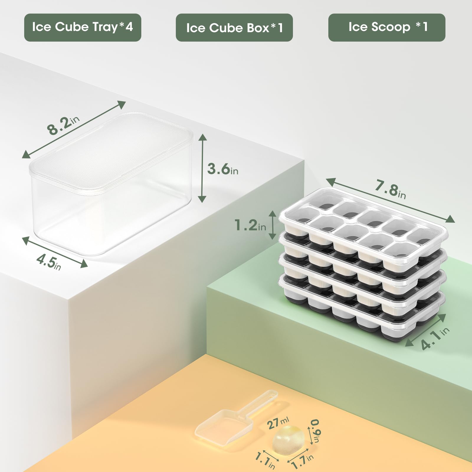 DOQAUS Lot de 4 Moules à Glaçons, Bacs à Glaçons en Plastique Silicone pour Congélateur avec Couvercle et Poubelle, Bacs à Glaçons avec Récipient à Glace, Bac à Glaçons Empilable