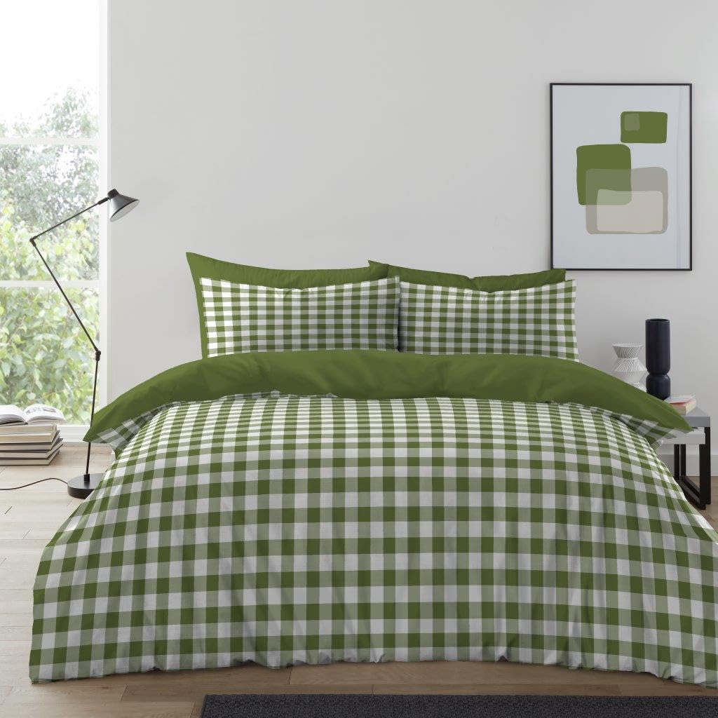GC GAVENO CAVAILIA Gingham Check Double Duvet Set - Microfiber Green Tartan Check Bedding Double Bed Set With Pillow Cases - Hypoallergenic & Machine Washable Reversible Quilt Covers Bed Set