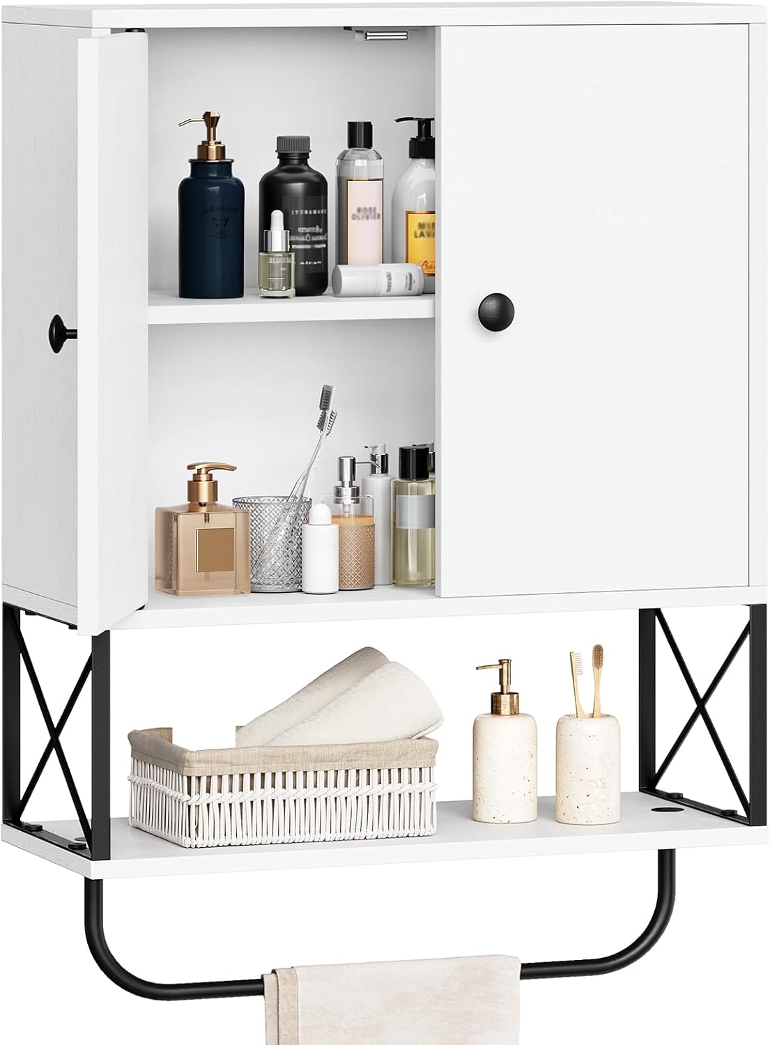 Bathroom Wall Cabinet with 2 Door and Adjustable Shelves, Farmhouse Medicine Cabinet with Towel Rack, 3-Tier Wall Mounted Storage Cabinet Over The Toilet for Bathroom, 18.9" L, White