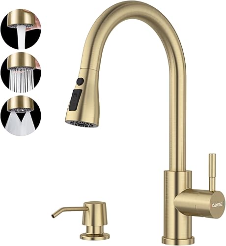 DAYONE DAY-CR0016 - Grifo de cocina dorado champán con dispensador de jabón, grifo de fregadero de cocina dorado cepillado con rociador desplegable