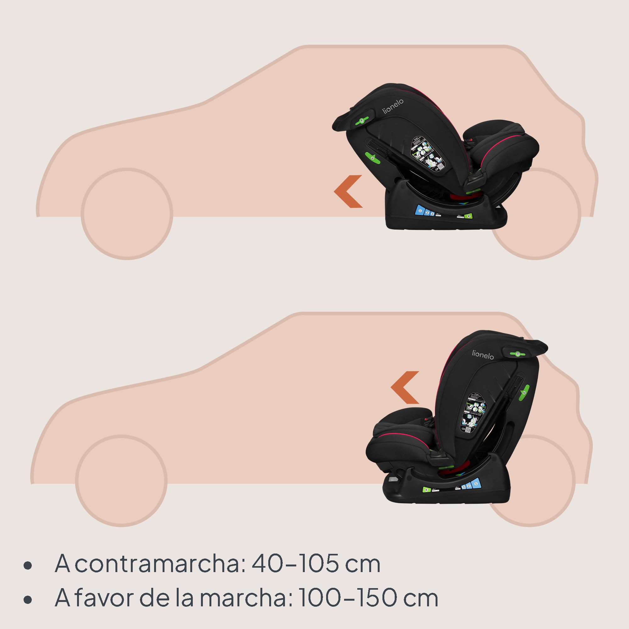 LIONELO AART I-SIZE Silla Coche Bebé 40-150 cm, Montaje con Cinturones de Seguridad, Reposacabezas e Inclinación Ajustables, Almohadilla lumbar y Reductor, Norma R129 i-Size