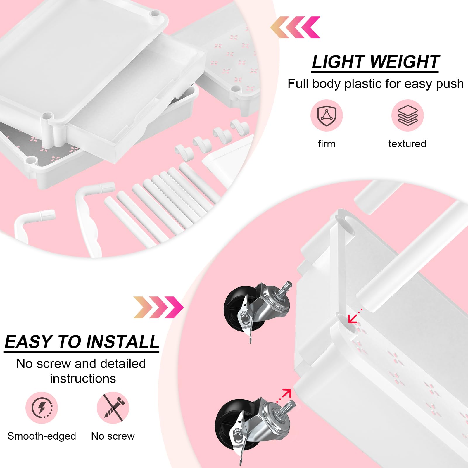 Goovilla 3 Tier Rolling Utility Cart Organizer with Removable Drawer, Stable and Sturdy White Rolling Storage Carts with 2 Lockable Wheels for Bathroom, Kitchen, Snack, Craft, Makeup, Baby Essentials