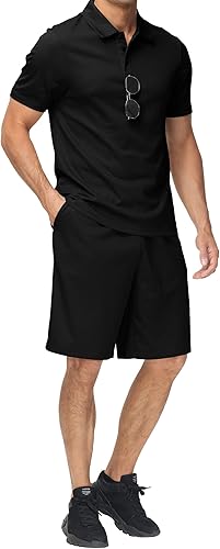 Miniatura 1 de MoFiz Conjunto deportivo para hombre, conjunto de trajes de verano casual, ajuste seco, manga corta, polo, trajes de 2 piezas