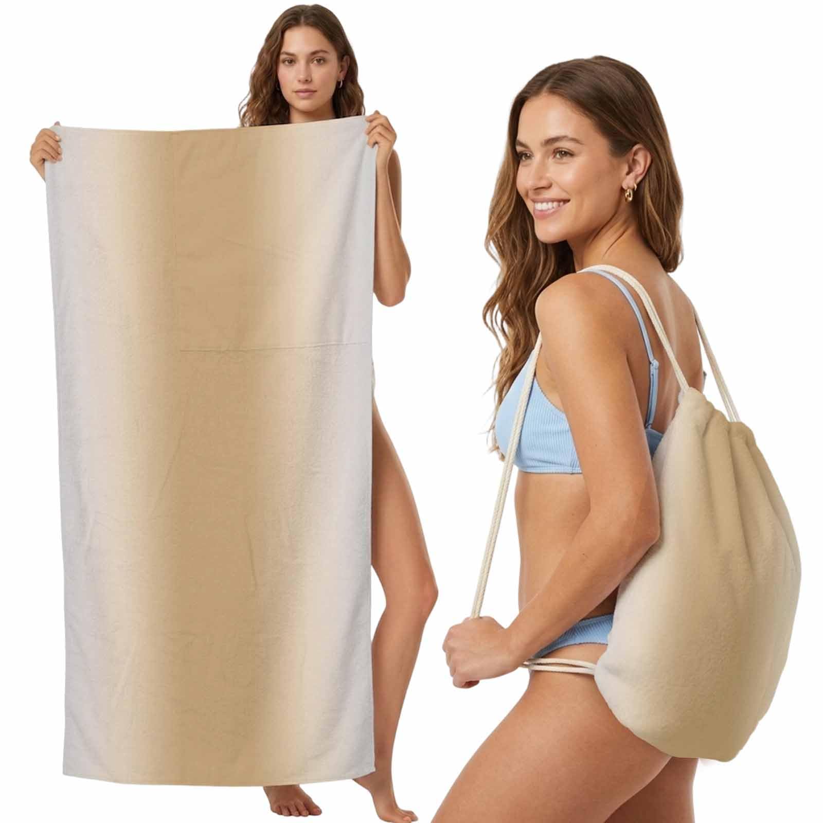 Beach Towel Bag 2 in 1 Beige Solid Color Bath Pool Towels Backpack Gradient Color Absorbent Beach Towel Soft Quick Dry Lightweight Packable Towels Drawstring Bag for Travel Camping Sports Yoga Picnic