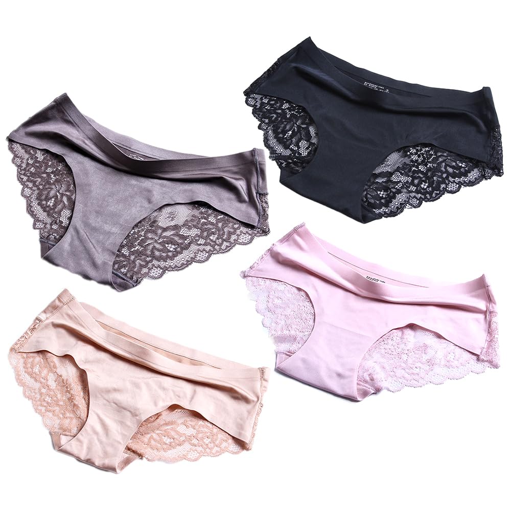 Hopestar Women's Briefs Underwear 4 PACKS Seamless Ladies Lingerie with Lace Solid Color (M)