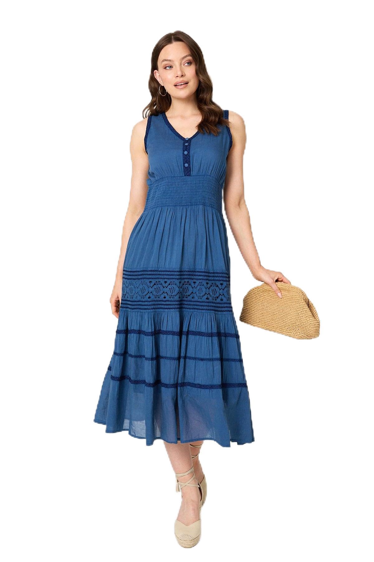 Izabel London Women's Blue Embroidered Tiered Sleeveless Midi Dress In | Size: Xl