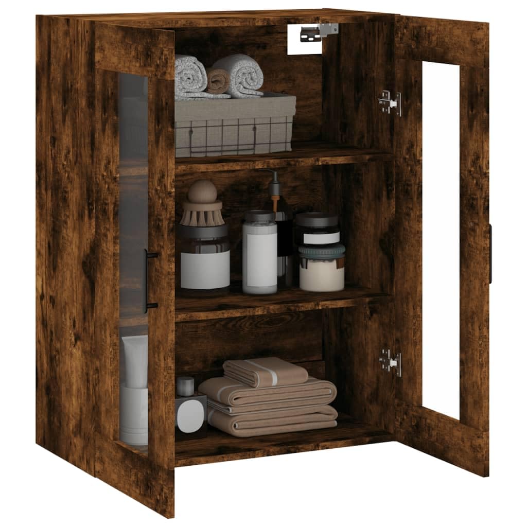 Armario de pared de roble ahumado 69,5 x 34 x 90 cm, armario colgante con puertas de cristal de madera, armario flotante moderno para dormitorio y estudio