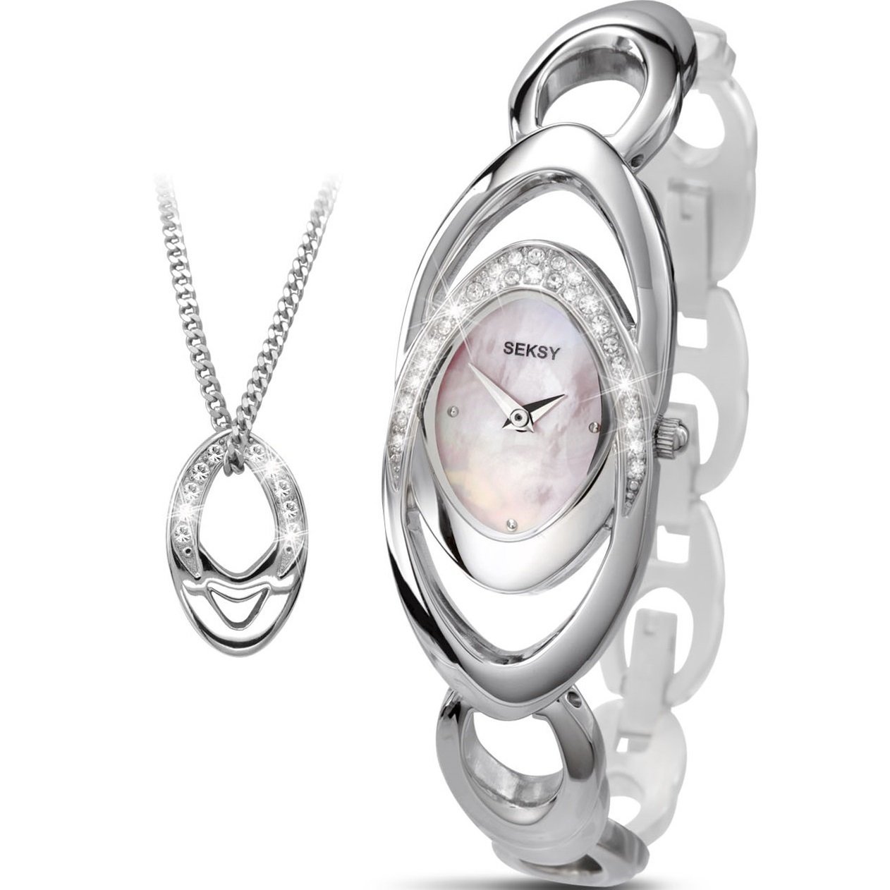 Entwine 4281G Ladies Watch Gift Set – Analogue Pink MOP Dial Stainless Steel Bracelet Matching Pendant