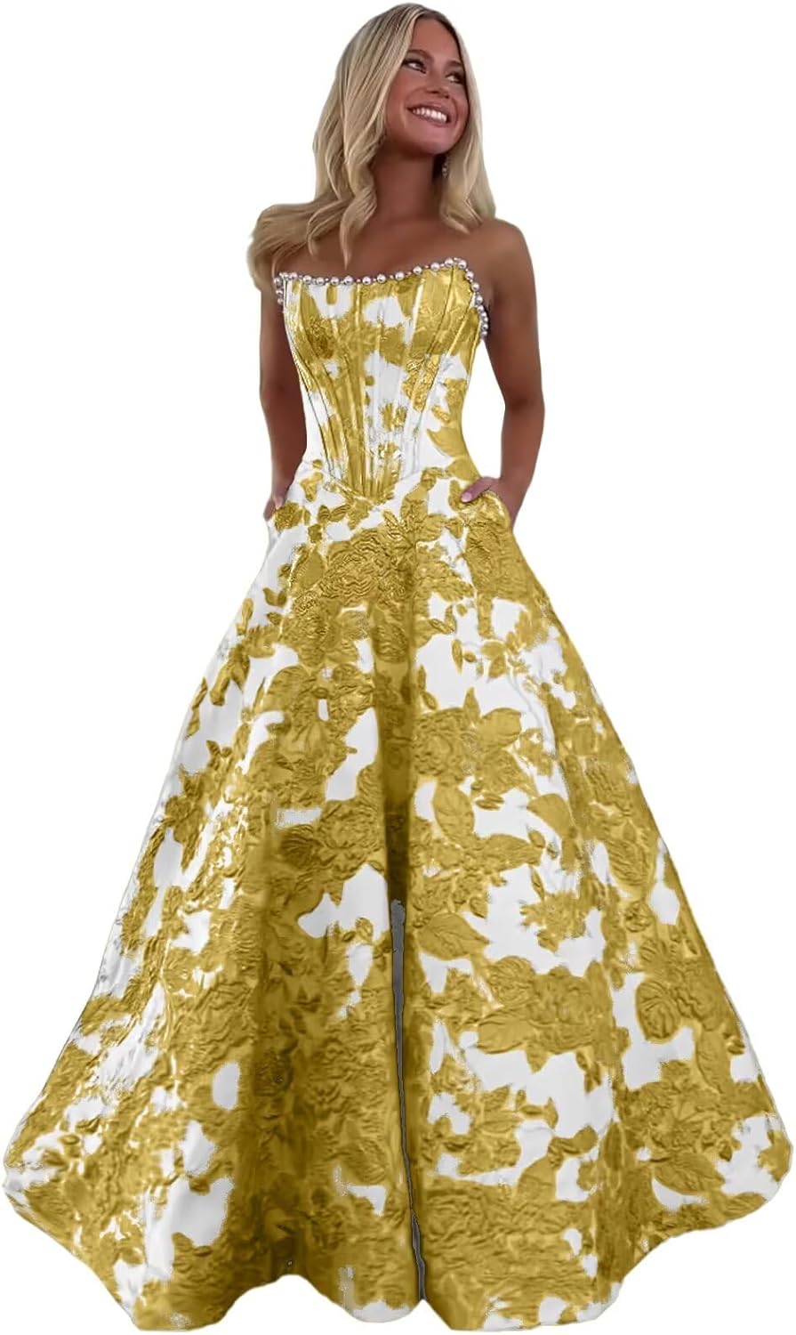 Eightale Floral Jacquard Prom Dress Corset Strapless Satin Long Formal Evening Party Gown with Pockets