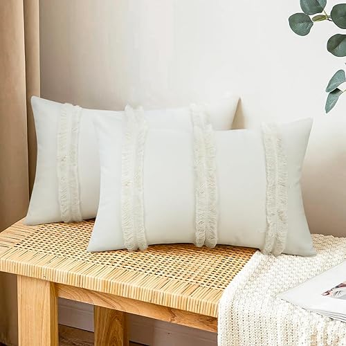 Miniatura 10 de Merrycolor Juego de 2 fundas de almohada bohemias de 18 x 18 pulgadas con borlas, color beige, neutro, fundas de almohada rústicas, fundas de
