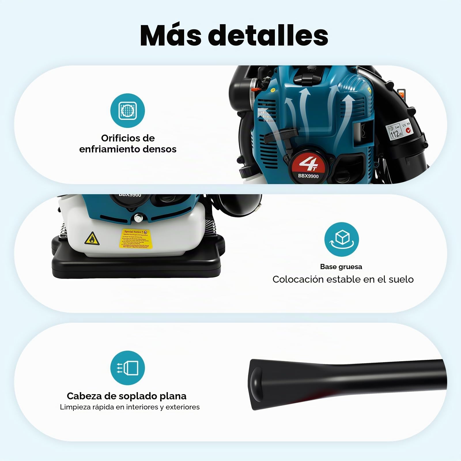 Soplador de hojas de gasolina, aspirador de jardín de 4 tiempos, soplador de 75,6 cc con potencia de motor de 2600 W y depósito de 1,9 L, velocidad variable, amortiguador de hojas refrigerado por