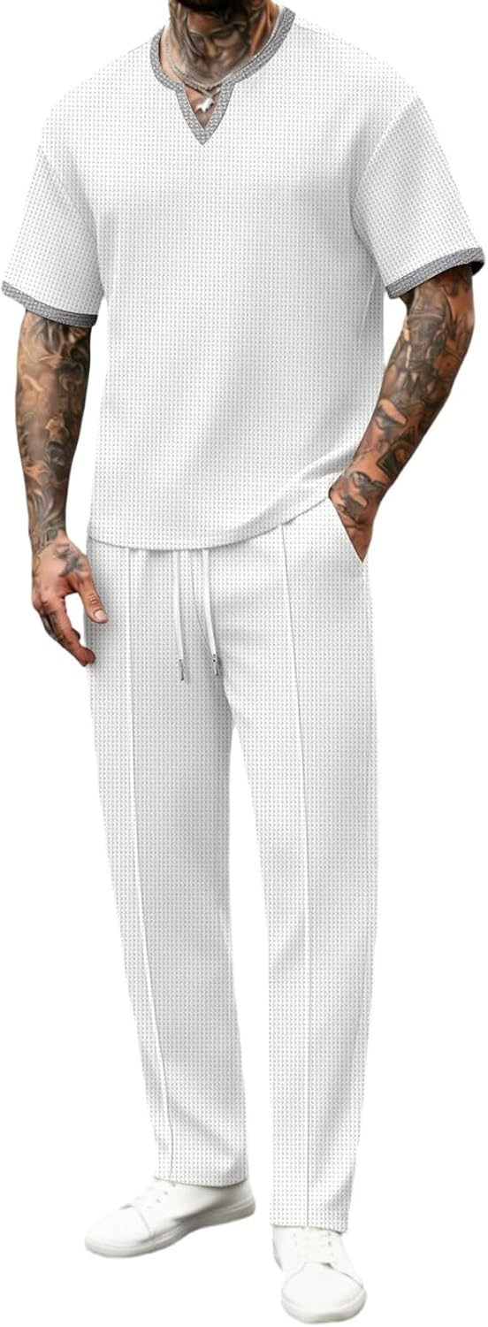 Cambkatl Men's Waffle Tracksuits Set - Pullover V Neck Short Sleeve Running Sweatsuit Business Casual 2 Piece Outfits