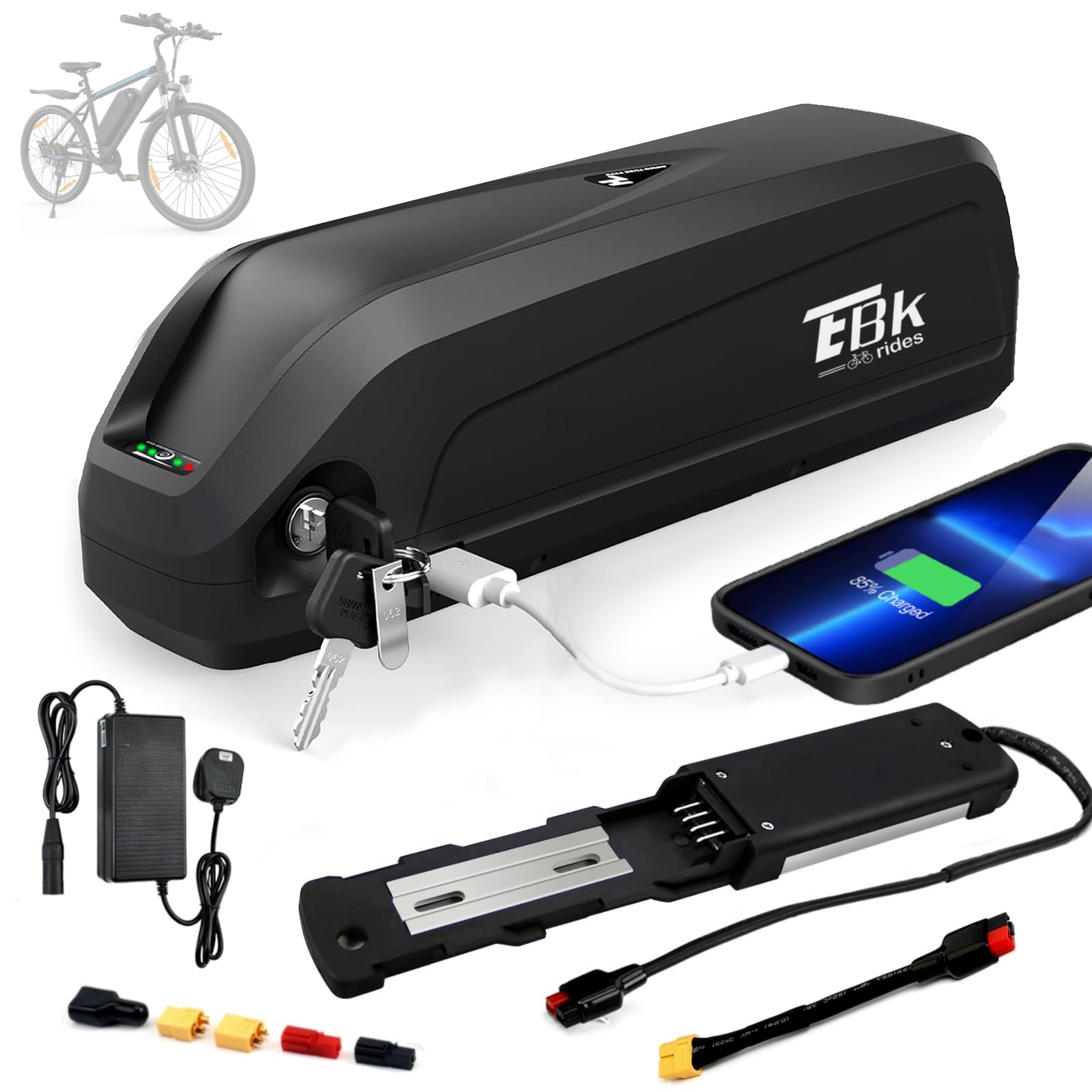 Batteria per Bici Elettrica con Caricabatteria - 48V 20Ah Hailong Batteria Ebike Agli Ioni di litio Rimovibile Batterie con Piastra Base 4 Pin, Indicatore LED, Porta USB