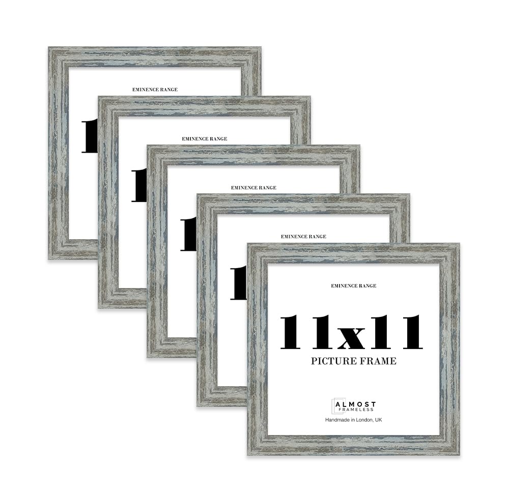 11x11" Distressed Blue Picture Frame - Rustic Wood Industrial Effect Photo Frame for Wall Display, Ideal for Posters, Prints & Home Décor, Wall Hooks and Kickstand, 32mm Edge - 5 Pack