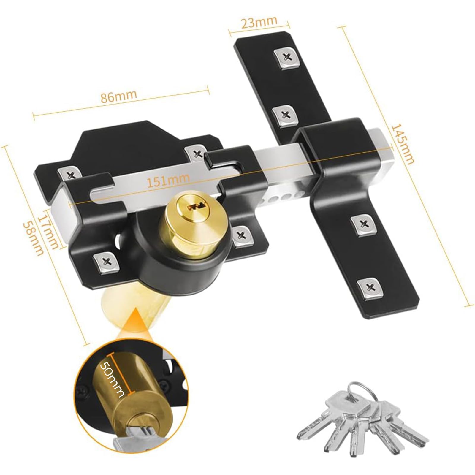 Verrou de sécurité pour porte, serrure de porte double face 50 mm, barre transversale + clé mécanique, double ouverture intérieure et extérieure, convient pour cour, jardin, porte de terrasse, 5 clés