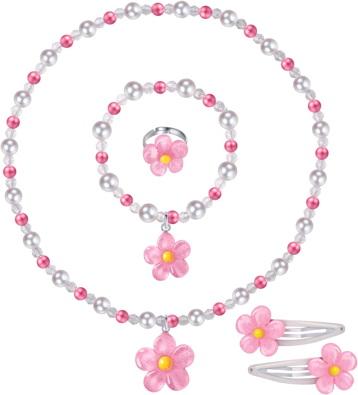 MsnailflyCrystal Flower Stretch Necklace, Bracelet Set, Princess Hair Clips for Girls - Toddler Jewelry Accessories in Box, Favors Bags