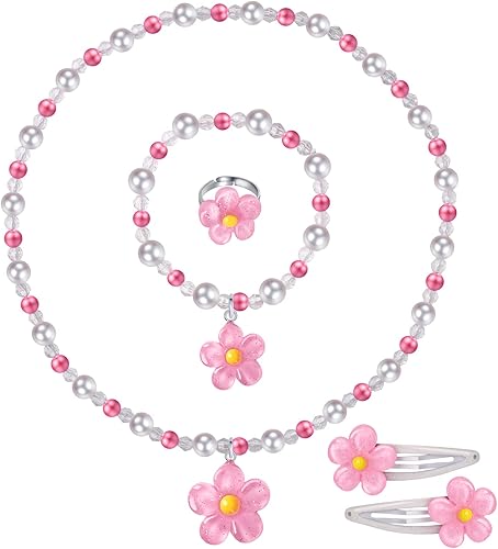 Juego de joyas de flores para niñas  Juego de 5 piezas de joyería de juguete de simulación con collar de cuentas, anillo de pulsera y pinzas para el
