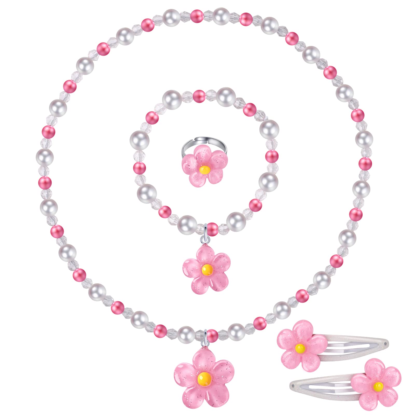 MsnailflyCrystal Flower Stretch Necklace, Bracelet Set, Princess Hair Clips for Girls - Toddler Jewelry Accessories in Box, Favors Bags
