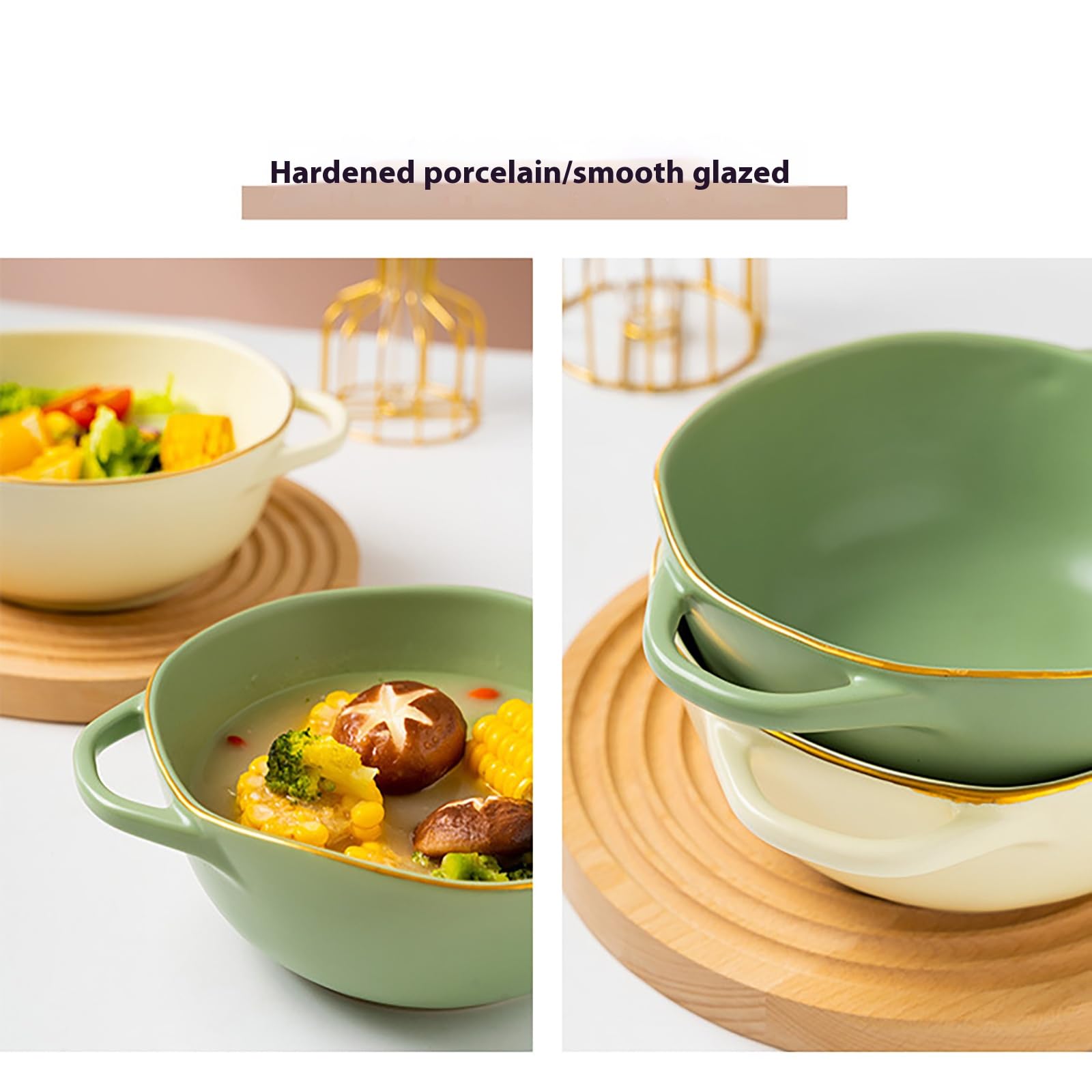 Cuencos de cerámica Coloridos de 10 Pulgadas, Cuencos de Sopa con Doble asa para Pasta, Ensalada, Cereales y Sopa. Apto para microondas y lavavajillas.,Verde