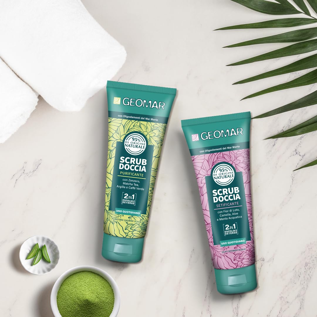 GEOMAR | Scrub Corpo Doccia, Setificante, 2 in 1 Esfolia e Deterge, Uso Quotidiano, 95% di Origine Naturale, Formula Vegan, Dermatologicamente Testata, Made in Italy, 250 ml
