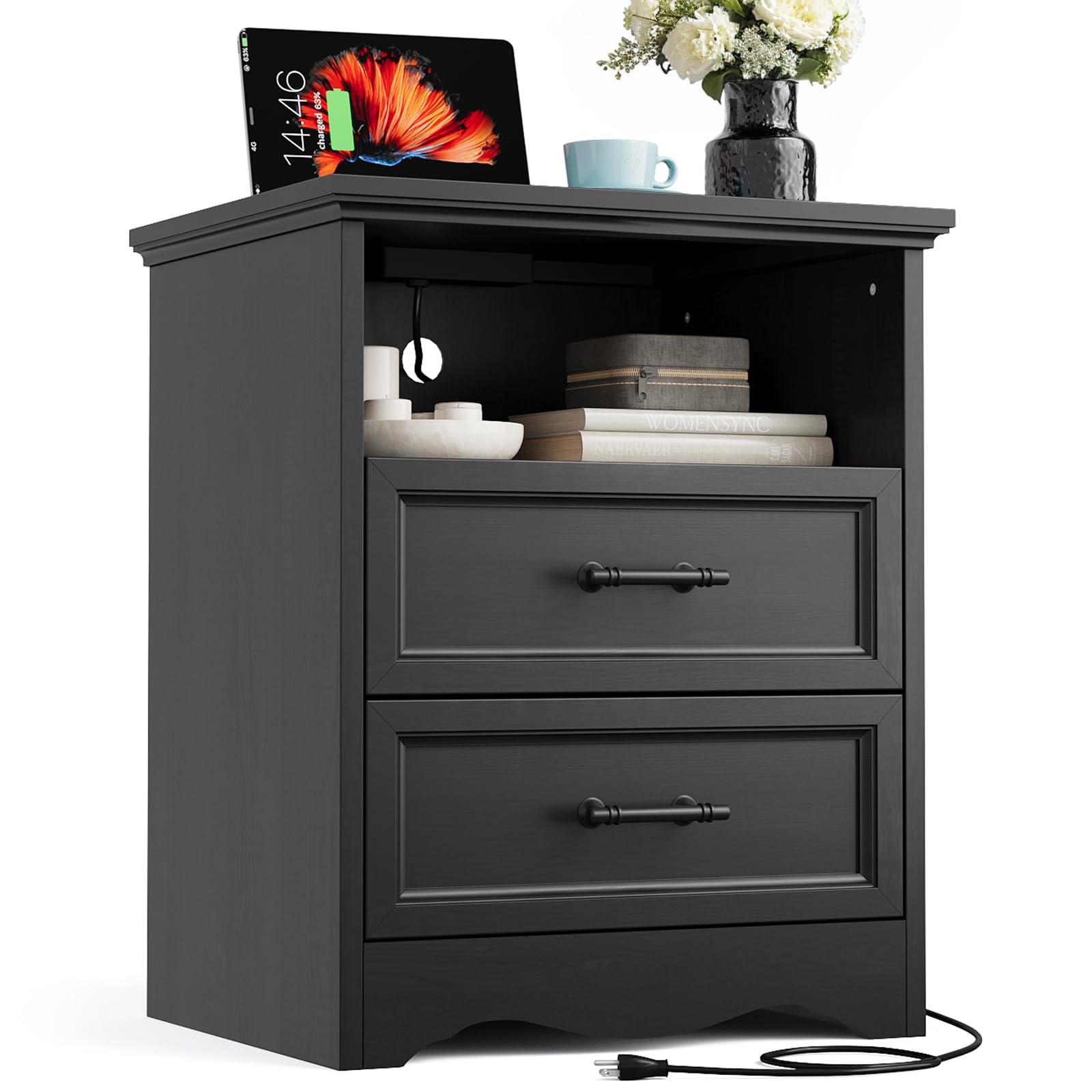 Black Nightstand with Charging Station, Farmhouse End Table with 2 Drawers, Bedside Table with Space-Saving Storage Cabinet, Unique Base Design for Bedroom & Living Room