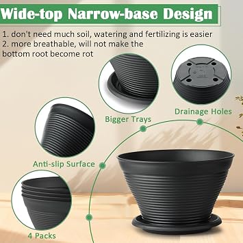 RooTrimmer 5 Pack 10 Inch Plant Pots with Saucers, Plastic Flower Pots with Drainage Holes, Large Planters for Indoor Outdoor Garden, House Plants, Flowers, Herbs, Gardening Gifts, Black