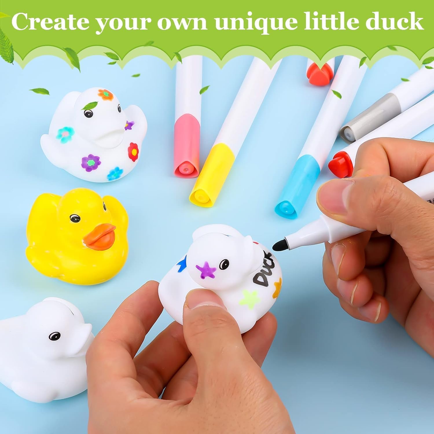 50 Pcs 2 Inch White Blank Rubber Ducks in Bulk DIY Ducks with Pens of 24 Colors Float Squeak Funny for Pool Bathtub Float Cute Ducks Birthday Gift Baby Activities Themed Party Favor