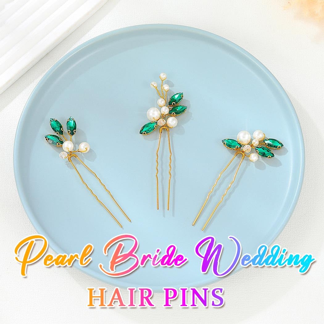 CASDRE Pearl Bride Wedding Hair Pins Gold Crystal Hair Pieces Prom Hair Accessories for Women (Gold Plated-Green) - Image 2
