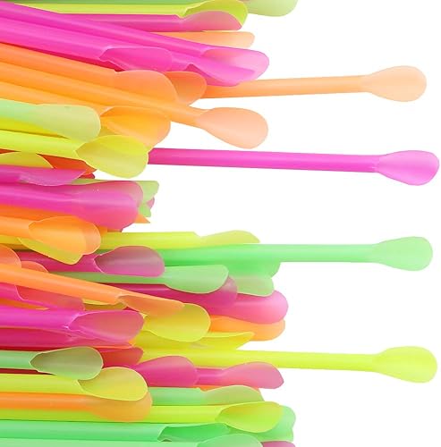 Miniatura 2 de DEEBF 500 pajitas de cuchara sin cono, varios colores neón, pajita de plástico desechable, 7.9in